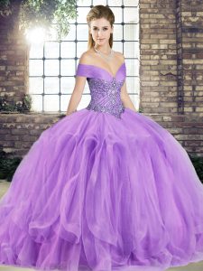 Lavender Sleeveless Tulle Lace Up Vestidos de Quinceanera for Military Ball and Sweet 16 and Quinceanera