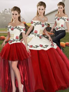White And Red Off The Shoulder Neckline Embroidery Quinceanera Dresses Sleeveless Lace Up