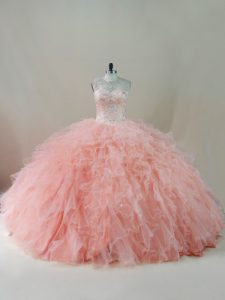 Glorious Peach Sweet 16 Dresses Sweet 16 and Quinceanera with Beading and Ruffles Scoop Sleeveless Lace Up