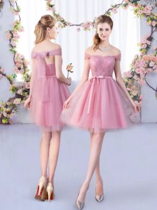 Fashion Pink Sleeveless Mini Length Belt Lace Up Quinceanera Dama Dress
