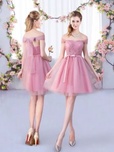 Fashion Pink Sleeveless Mini Length Belt Lace Up Quinceanera Dama Dress