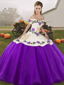 White And Purple Sleeveless Floor Length Embroidery Lace Up Vestidos de Quinceanera