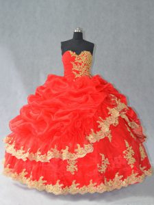Glorious Floor Length Lace Up Sweet 16 Quinceanera Dress Red for Military Ball and Sweet 16 and Quinceanera with Lace and Appliques and Pick Ups
