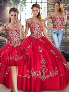 Floor Length Lace Up Sweet 16 Dress Red for Military Ball and Sweet 16 and Quinceanera with Beading and Embroidery