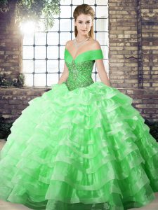 New Style Green Ball Gowns Organza Off The Shoulder Sleeveless Beading and Ruffled Layers Lace Up Sweet 16 Dresses Brush Train