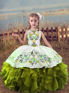 Olive Green Sleeveless Floor Length Embroidery and Ruffles Lace Up Kids Pageant Dress
