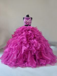 Discount Fuchsia Zipper Vestidos de Quinceanera Beading and Ruffles Sleeveless Brush Train