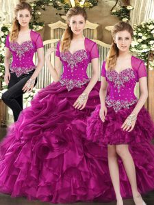 Fuchsia Sleeveless Organza Lace Up Sweet 16 Dresses for Military Ball and Sweet 16 and Quinceanera