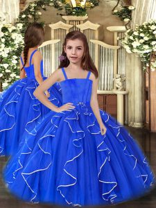 Graceful Straps Sleeveless Pageant Gowns For Girls Floor Length Ruffles Royal Blue Tulle