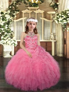 Sleeveless Floor Length Beading Lace Up Pageant Dress for Teens with Pink