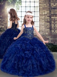 Ball Gowns Little Girls Pageant Dress Wholesale Blue Straps Organza Sleeveless Floor Length Lace Up