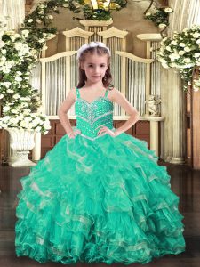Custom Made Straps Sleeveless Lace Up Pageant Gowns For Girls Turquoise Organza