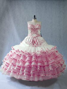 Inexpensive Pink And White Ball Gowns Organza Sweetheart Sleeveless Embroidery and Ruffled Layers and Bowknot Floor Length Lace Up Quinceanera Dress