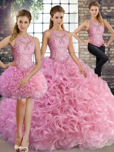 Romantic Scoop Sleeveless Fabric With Rolling Flowers 15 Quinceanera Dress Beading Lace Up