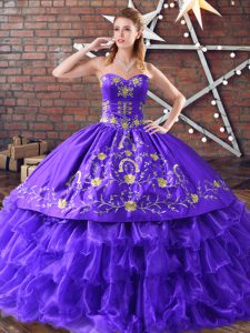 Purple Ball Gowns Embroidery and Ruffled Layers Sweet 16 Quinceanera Dress Lace Up Satin and Organza Sleeveless Floor Length