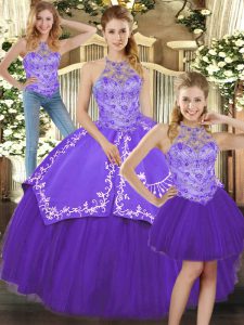 Purple Three Pieces Halter Top Sleeveless Satin and Tulle Floor Length Lace Up Beading and Embroidery Sweet 16 Quinceanera Dress