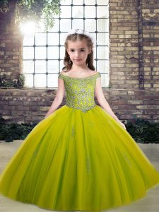 Scoop Sleeveless Kids Formal Wear Floor Length Beading and Appliques Olive Green Tulle