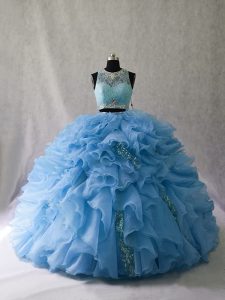 Organza Sleeveless Ball Gown Prom Dress Brush Train and Beading and Ruffles