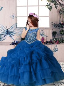 Custom Design Blue Sleeveless Beading and Pick Ups Floor Length Kids Pageant Dress