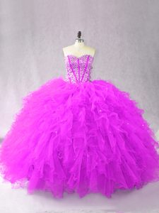 Most Popular Purple Sleeveless Floor Length Beading and Ruffles Lace Up Quinceanera Dresses