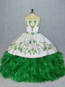 Floor Length Lace Up Quinceanera Gowns Green for Sweet 16 and Quinceanera with Embroidery and Ruffles