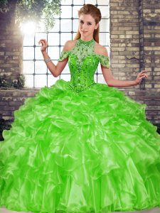 Excellent Halter Top Sleeveless Lace Up 15 Quinceanera Dress Green Organza