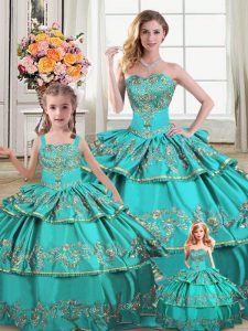 Low Price Sweetheart Sleeveless Organza Sweet 16 Dress Embroidery and Ruffled Layers Lace Up