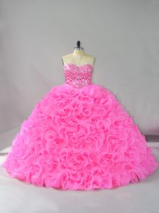 Hot Pink Fabric With Rolling Flowers Lace Up Sweetheart Sleeveless Floor Length Quinceanera Gown Beading and Ruffles