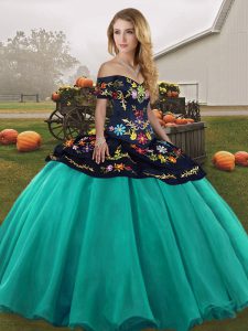 Sleeveless Floor Length Embroidery Lace Up Quince Ball Gowns with Turquoise