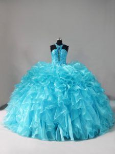 Simple Aqua Blue Halter Top Lace Up Beading and Ruffles Sweet 16 Dress Brush Train Sleeveless