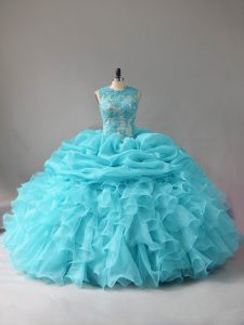 Romantic Scoop Sleeveless Quince Ball Gowns Floor Length Appliques and Ruffles and Pick Ups Aqua Blue Organza