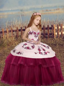 Exquisite Floor Length Fuchsia Pageant Gowns For Girls Tulle Sleeveless Embroidery
