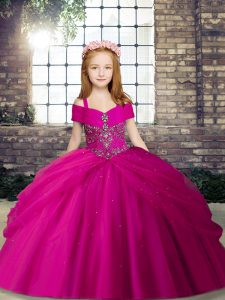 Fuchsia Straps Lace Up Beading Little Girls Pageant Gowns Sleeveless