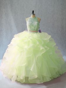 Yellow Green Quinceanera Gowns Sweet 16 and Quinceanera with Beading and Ruffles Halter Top Sleeveless Brush Train Backless