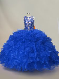 Classical Royal Blue Organza Lace Up Sweet 16 Dresses Sleeveless Floor Length Ruffles and Sequins