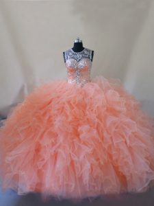 Classical Peach Ball Gowns Beading and Ruffles Quinceanera Gowns Lace Up Tulle Sleeveless