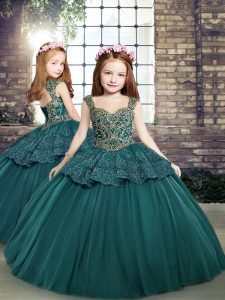 Teal Straps Side Zipper Beading and Appliques Little Girl Pageant Dress Sleeveless