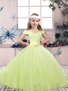 Yellow Green Tulle Lace Up Off The Shoulder Sleeveless Floor Length Kids Pageant Dress Lace and Belt