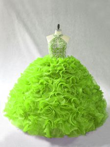 Vintage Ball Gowns Organza Halter Top Sleeveless Beading and Ruffles Floor Length Lace Up Ball Gown Prom Dress