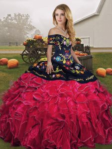 Off The Shoulder Sleeveless Lace Up Sweet 16 Dress Red And Black Organza