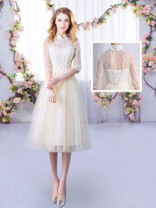 Champagne Half Sleeves Tulle Lace Up Dama Dress for Quinceanera for Wedding Party