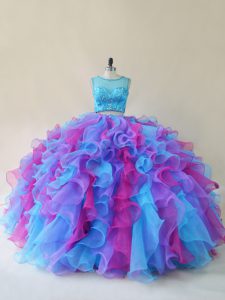 Dazzling Multi-color Organza Lace Up Scoop Sleeveless Floor Length Quinceanera Dresses Beading and Ruffles