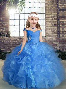 High Class Beading and Ruching Little Girls Pageant Dress Wholesale Blue Lace Up Sleeveless Floor Length