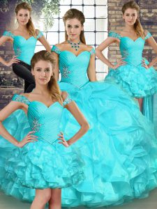 Aqua Blue Ball Gowns Organza Off The Shoulder Sleeveless Beading and Ruffles Floor Length Lace Up Sweet 16 Quinceanera Dress