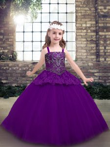 Floor Length Purple Pageant Dress for Teens Straps Sleeveless Lace Up