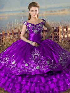 Purple Quinceanera Dress Sweet 16 and Quinceanera with Embroidery and Ruffled Layers Off The Shoulder Sleeveless Lace Up