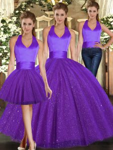 Dramatic Ruching Sweet 16 Dress Purple Lace Up Sleeveless Floor Length