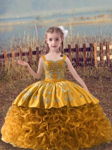 Elegant Brown Ball Gowns Embroidery Pageant Gowns For Girls Lace Up Fabric With Rolling Flowers Sleeveless