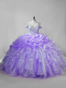 Stylish Sleeveless Organza Brush Train Lace Up Ball Gown Prom Dress in Lavender with Beading and Ruffles and Pick Ups