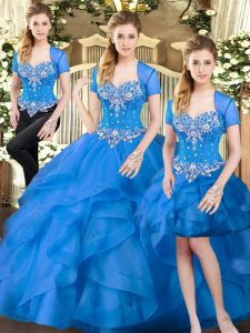 Custom Design Blue Three Pieces Tulle Sweetheart Sleeveless Beading and Ruffles Floor Length Lace Up Quinceanera Gowns